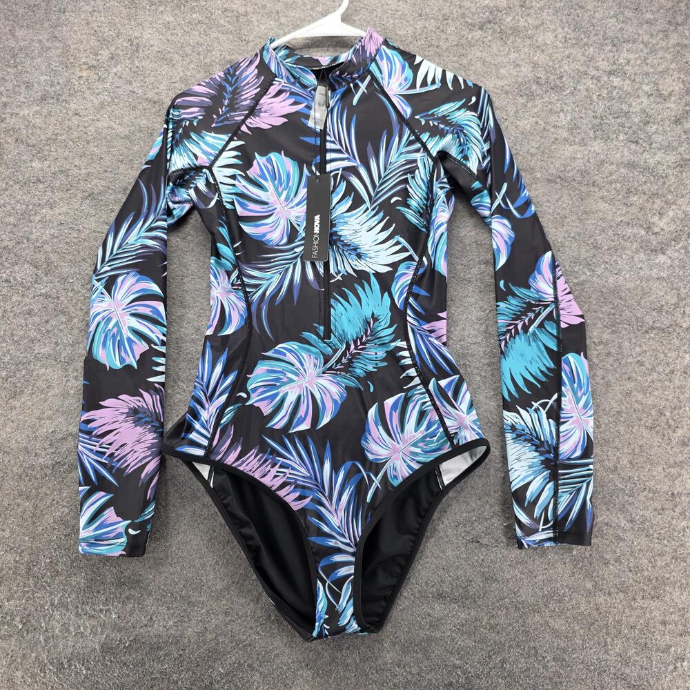 Fashion Nova Swimsuit Womens Small Black Purple Trisha Rashguard One Piece